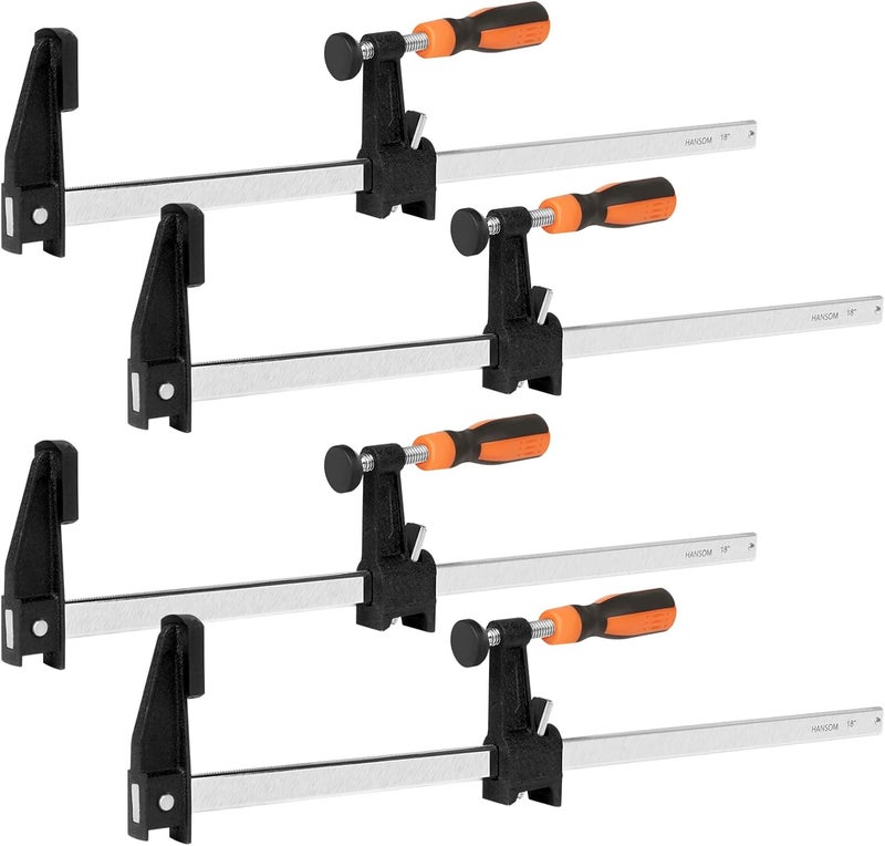 HANSOM 4-Pack 18 inch Bar Clamps,Long Wood Clamps Heavy Duty Force 600 Lbs Adjustable and Release Quickly,Woodworking Clamps Throat Depth 2.5 inch with Plastic Handle - Image 1